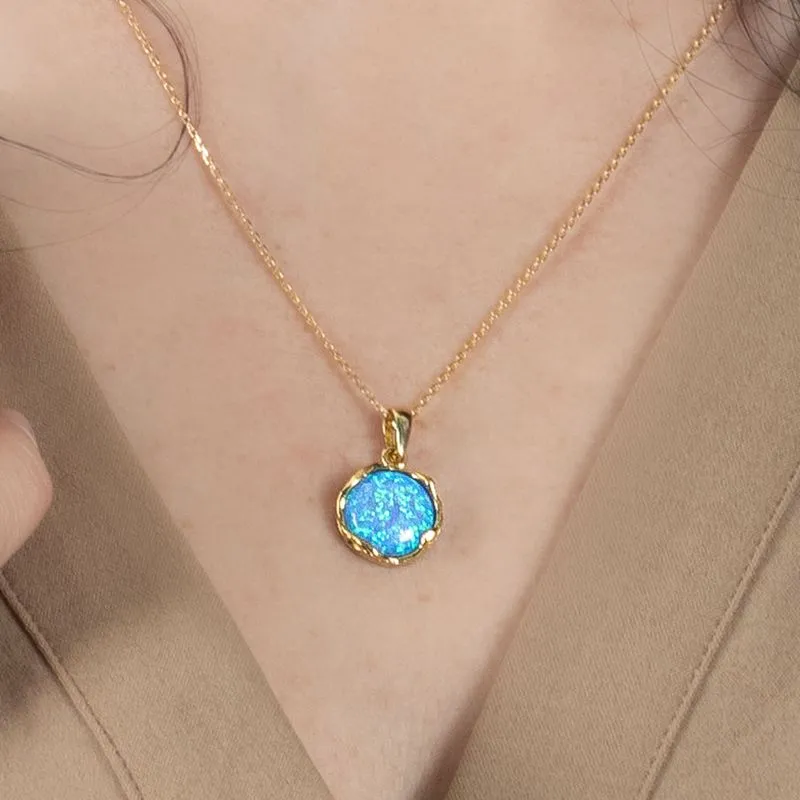 14K Yellow Gold Round Blue Opal 12mm Pendant