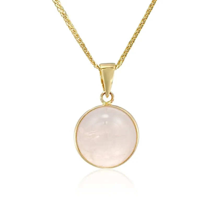 14K Yellow Gold Round Pink Rose Quartz 12mm Pendant