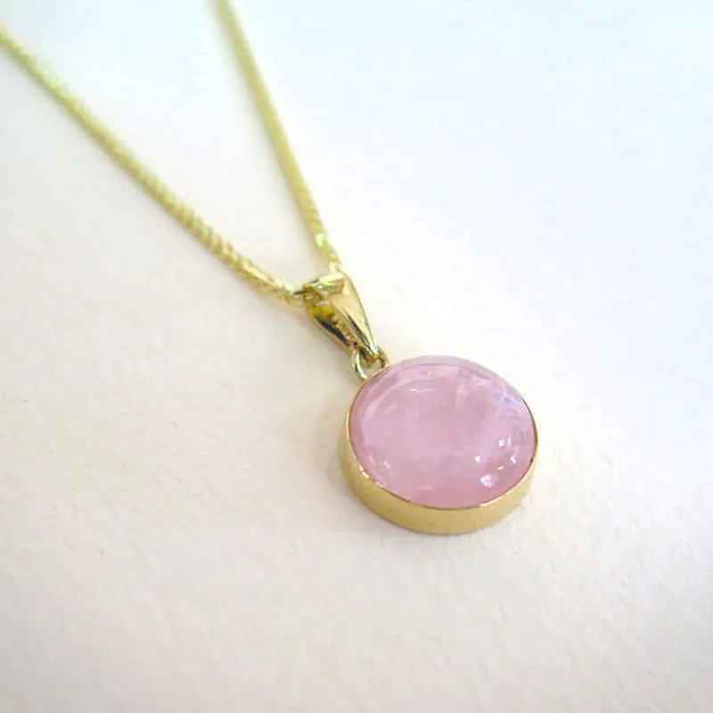 14K Yellow Gold Round Pink Rose Quartz 12mm Pendant