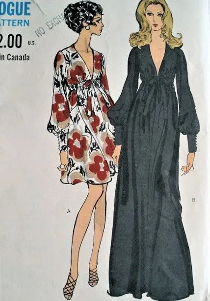 60s FAB Evening Gown Cocktail Dress Pattern VOGUE 7630 PLUNGING V Neckline High Waist Full Sleeves With Tight Cuffs Bust 36 Vint