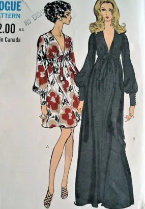 60s FAB Evening Gown Cocktail Dress Pattern VOGUE 7630 PLUNGING V Neckline High Waist Full Sleeves With Tight Cuffs Bust 36 Vint