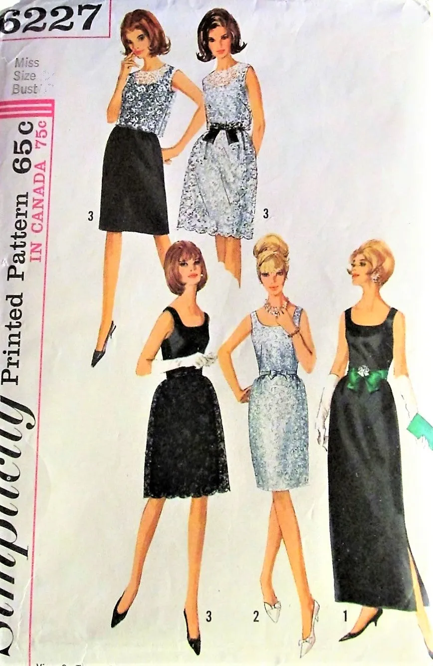 60s GLAM Evening Gown Lace Overskirt Dress Pattern SIMPLICITY 6227 Slim or Bell Skirt Cocktail Prom Dress Scoop Neck Bust 33 Vin