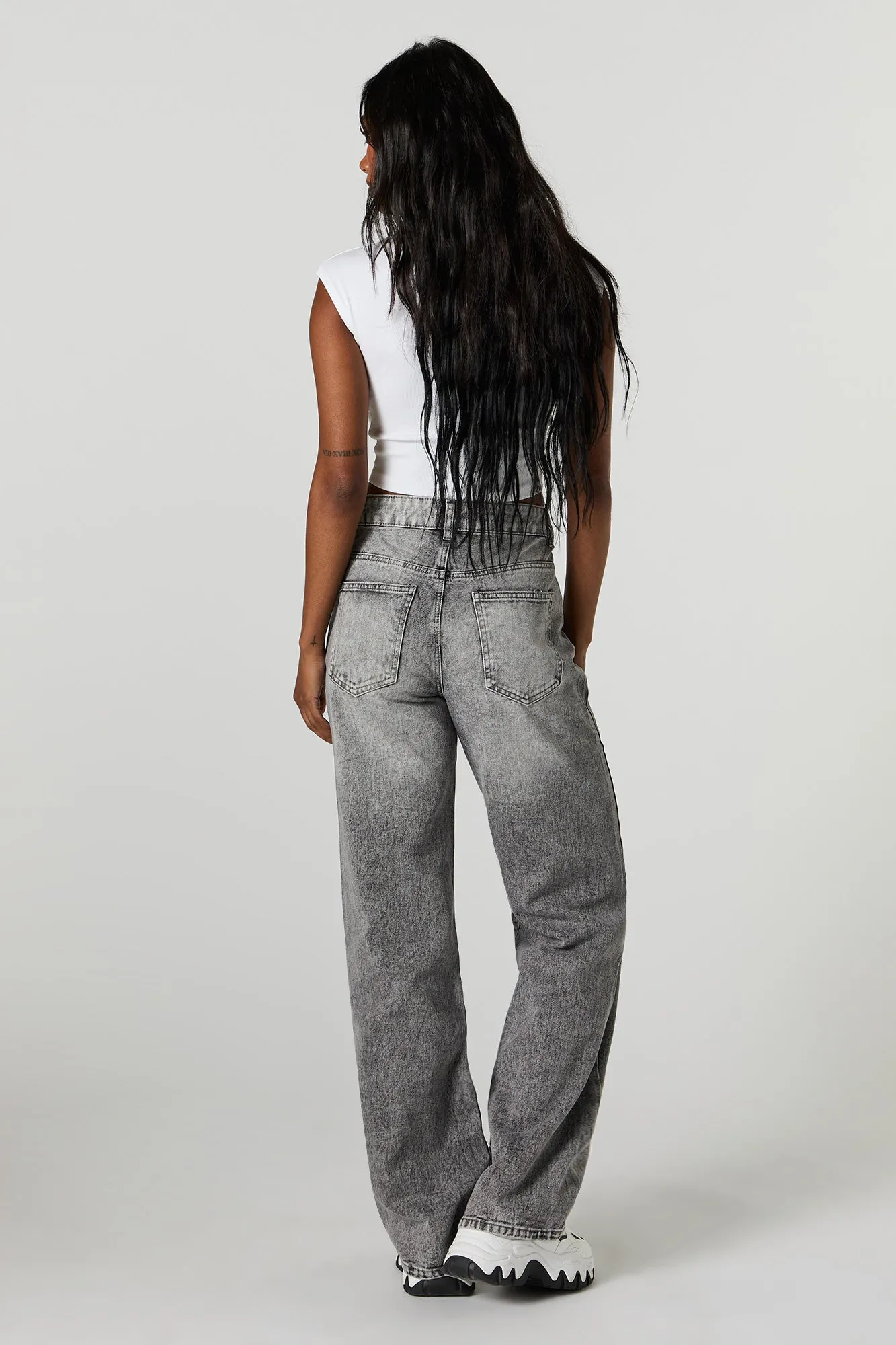 90's Washed High Rise Wide Leg Distressed Jean