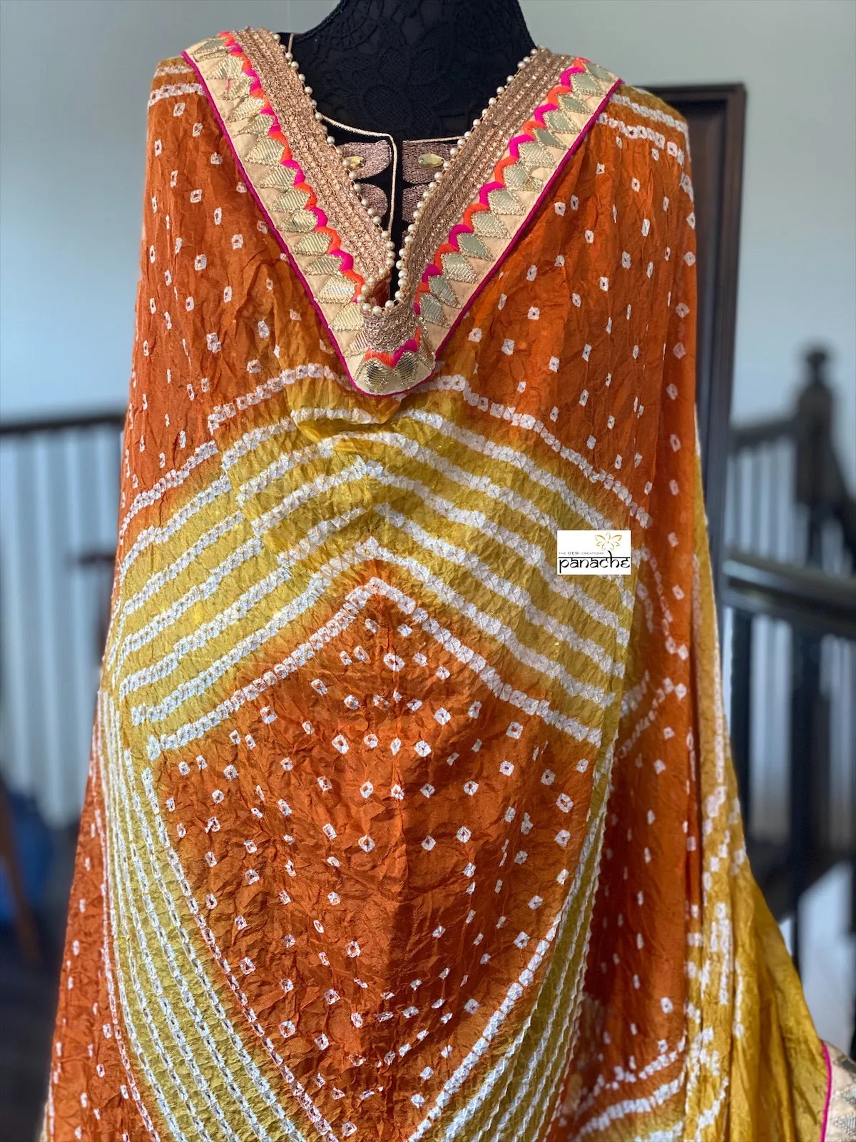 Bandhej Dupatta - Ochre Yellow Maroon