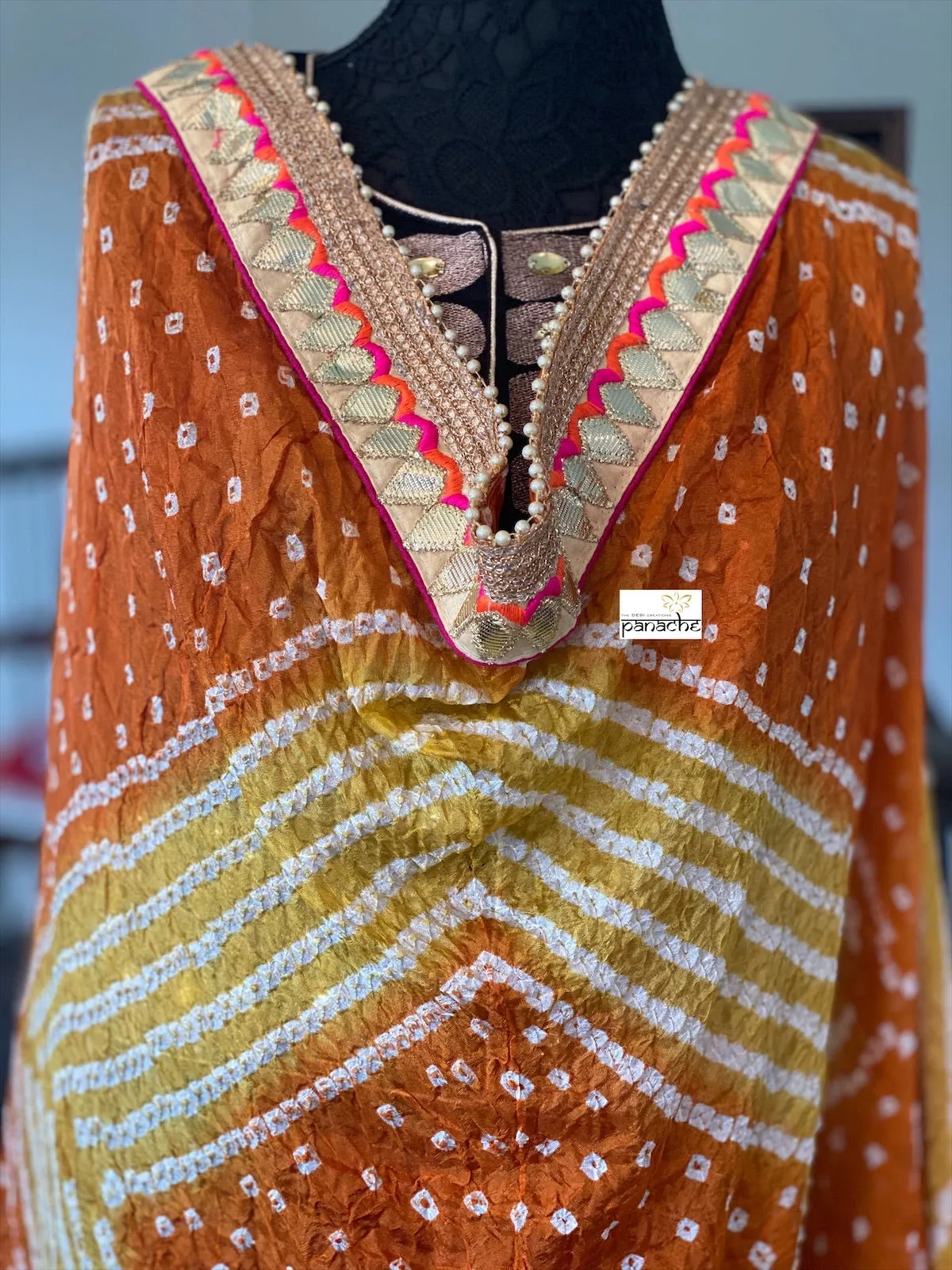 Bandhej Dupatta - Ochre Yellow Maroon