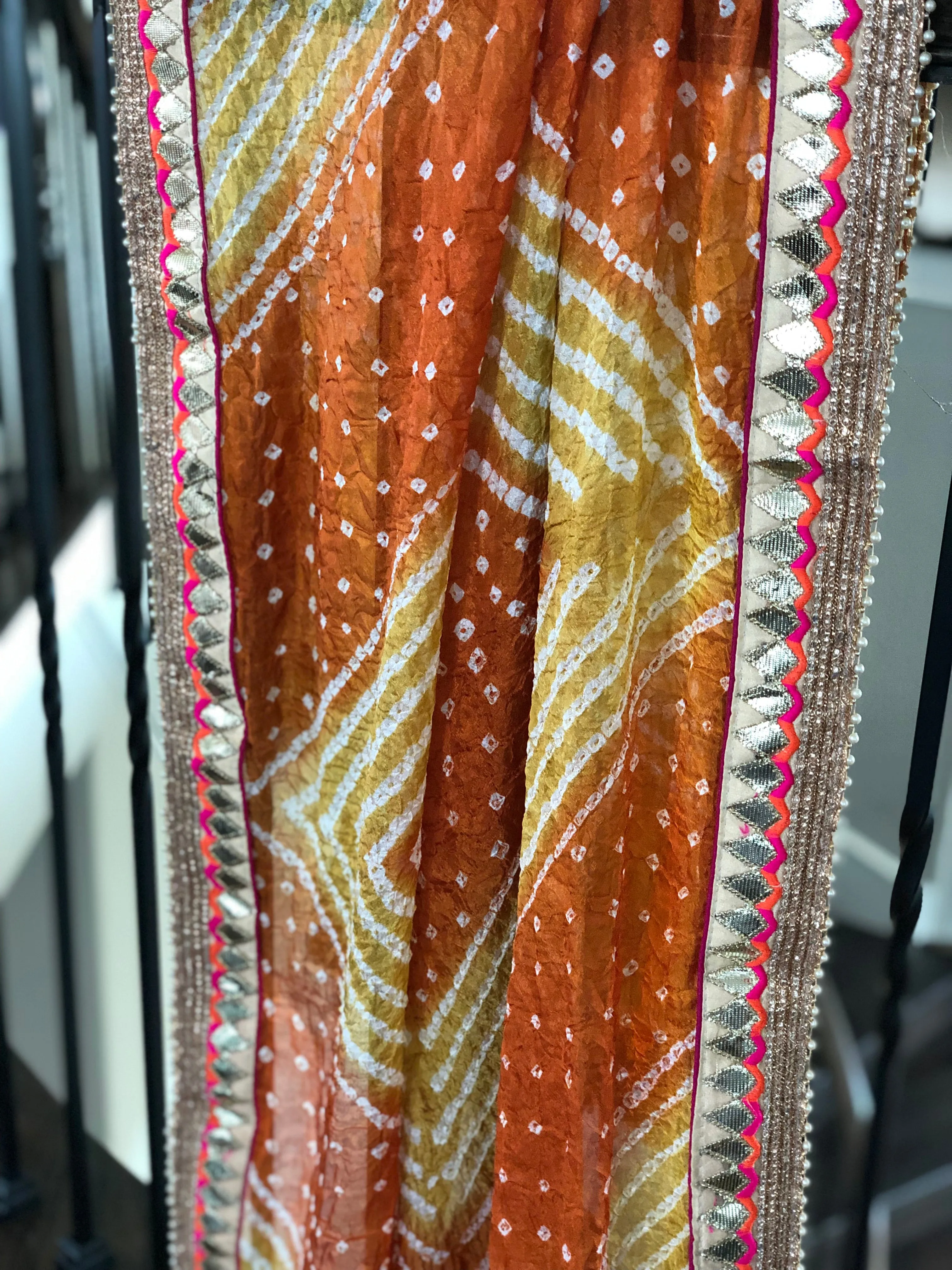 Bandhej Dupatta - Ochre Yellow Maroon