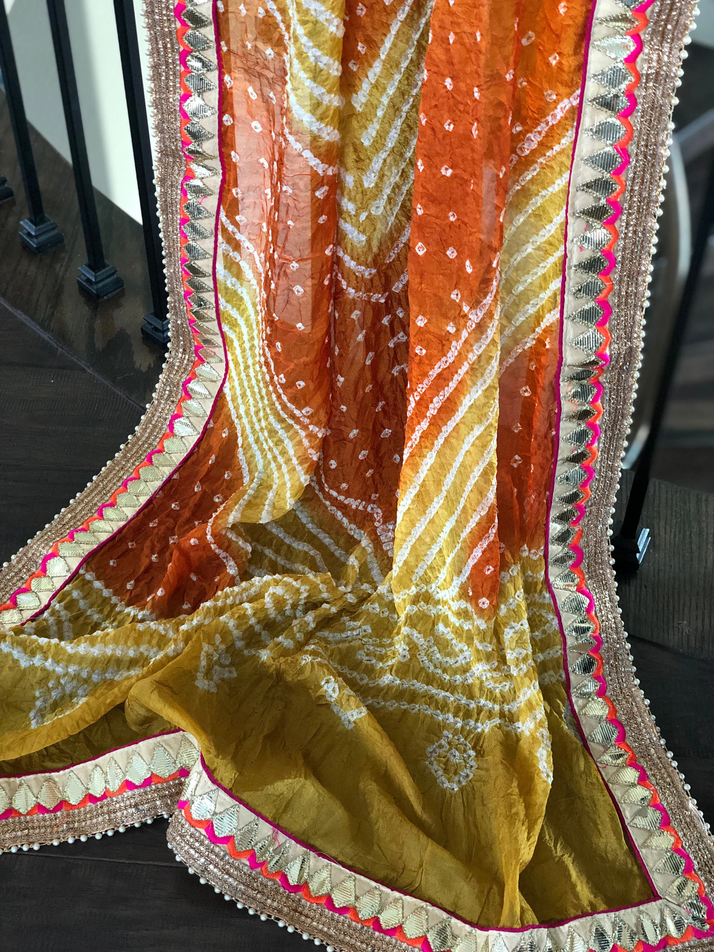 Bandhej Dupatta - Ochre Yellow Maroon