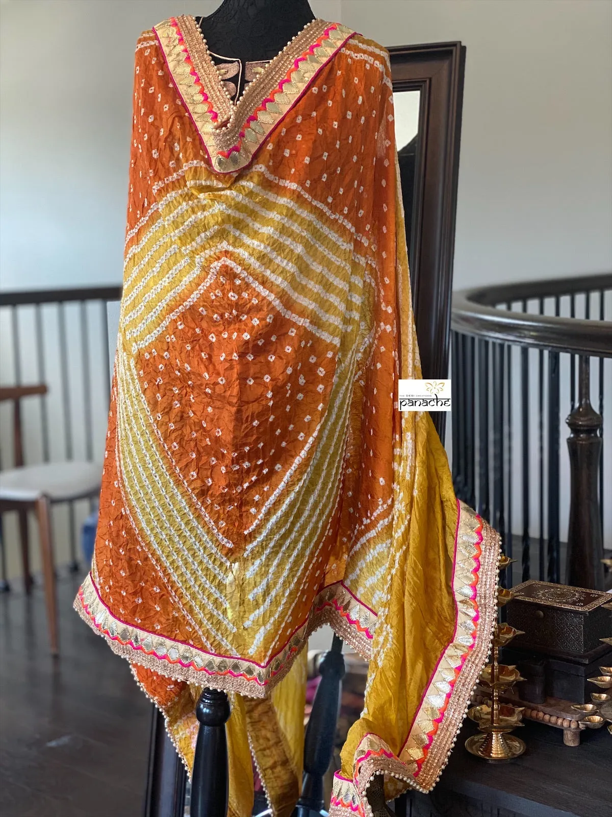 Bandhej Dupatta - Ochre Yellow Maroon