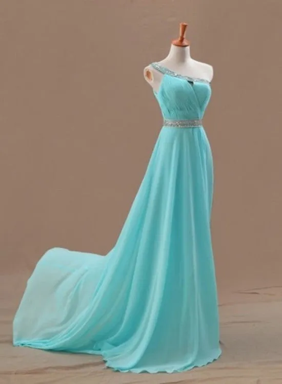 Beautiful Chiffon Light Blue One Shoulder Prom Dress, Long Blue Evening Gown