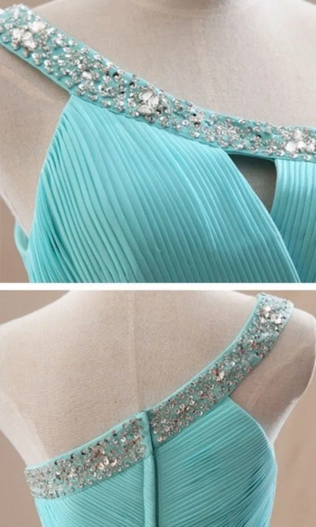 Beautiful Chiffon Light Blue One Shoulder Prom Dress, Long Blue Evening Gown