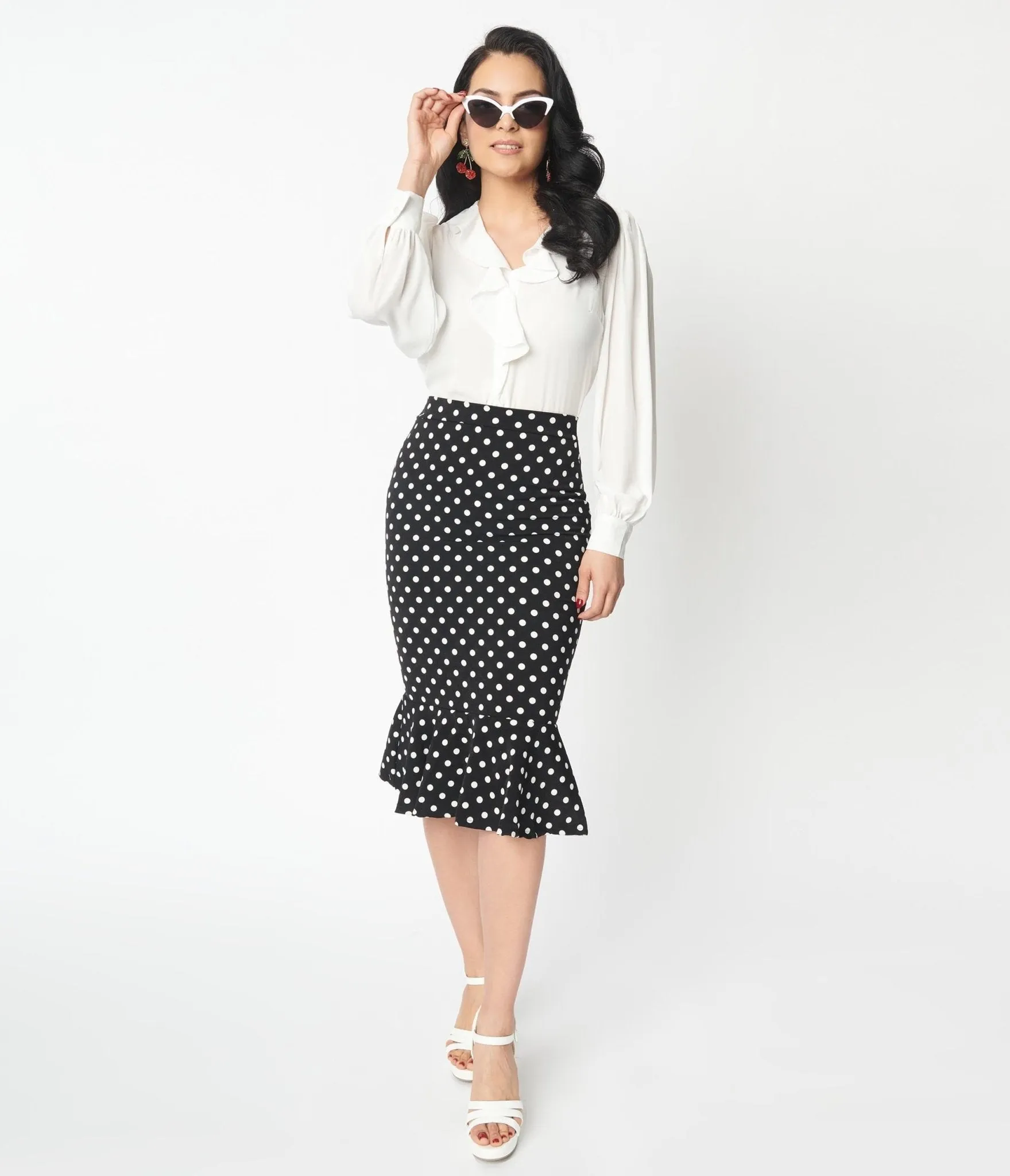 Black & White Polka Dot Ruffled Hem Pencil Skirt