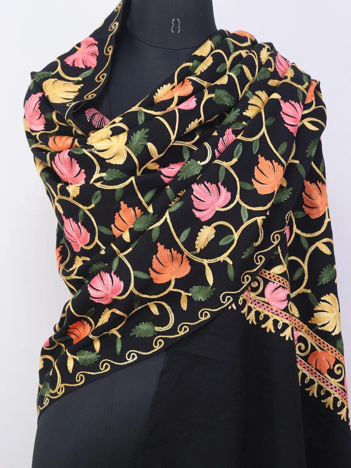 Black Embroidered Kashmiri Aari Work Woollen Stole