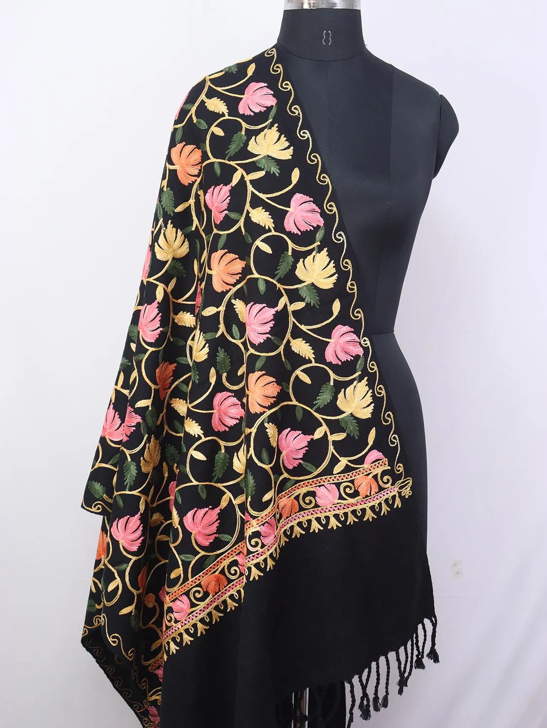 Black Embroidered Kashmiri Aari Work Woollen Stole