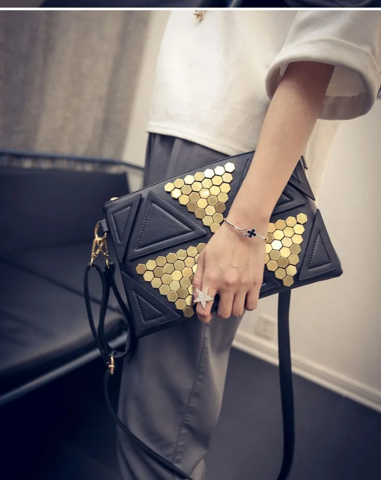 Black Grey Red Geometric Studs Oversized Envelope Clutch Bag Purse