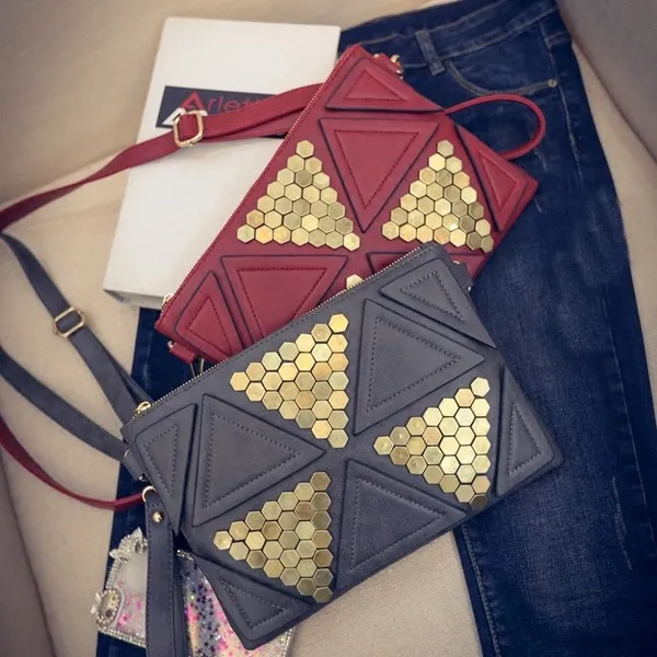 Black Grey Red Geometric Studs Oversized Envelope Clutch Bag Purse