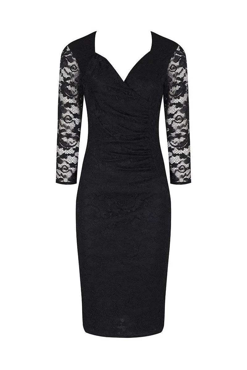 Black Lace 3/4 Sleeve Vintage Bodycon Wiggle Dress