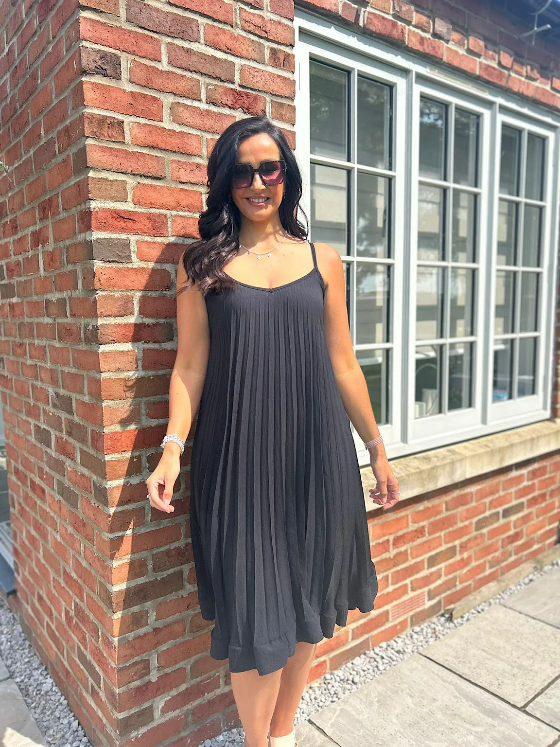 Black Pleated Strappy Dress Alesha