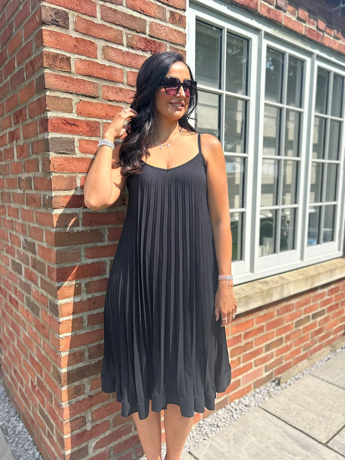 Black Pleated Strappy Dress Alesha