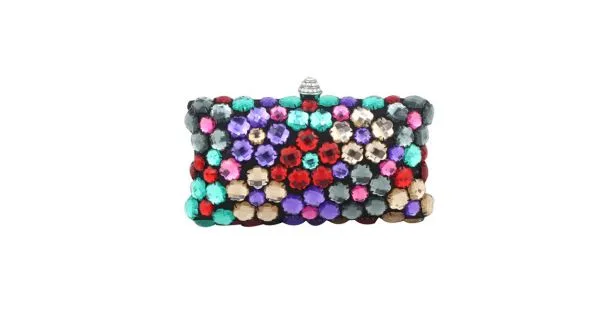 Black Satin Colorful Gemstomes Gems Rectangular Evening Clutch Purse Jewelry Box