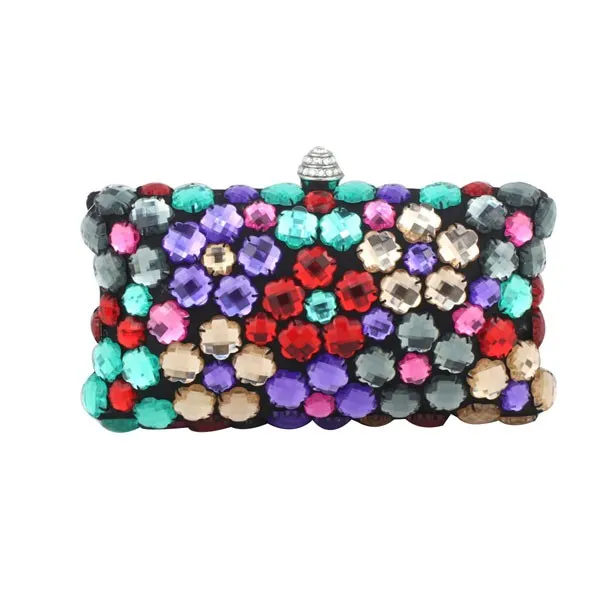 Black Satin Colorful Gemstomes Gems Rectangular Evening Clutch Purse Jewelry Box