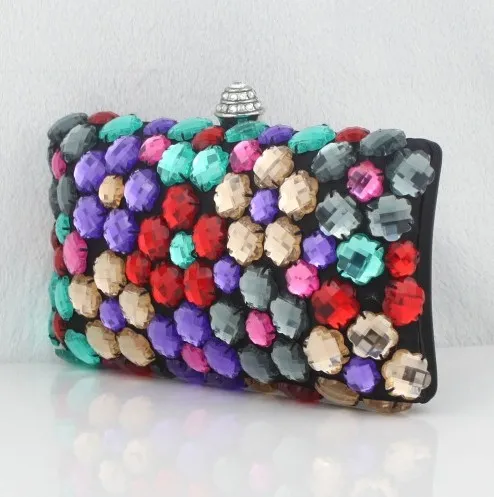 Black Satin Colorful Gemstomes Gems Rectangular Evening Clutch Purse Jewelry Box