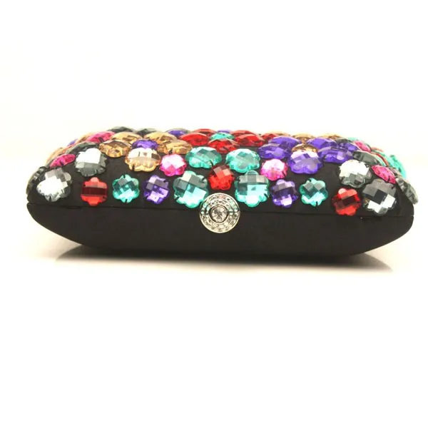 Black Satin Colorful Gemstomes Gems Rectangular Evening Clutch Purse Jewelry Box