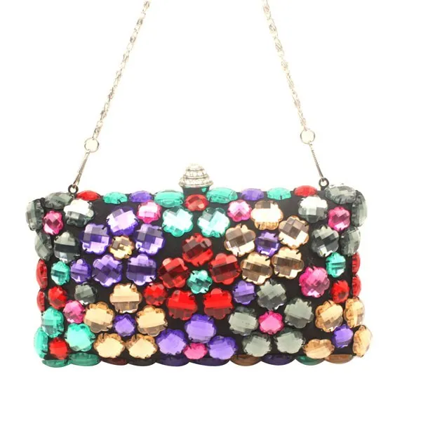 Black Satin Colorful Gemstomes Gems Rectangular Evening Clutch Purse Jewelry Box