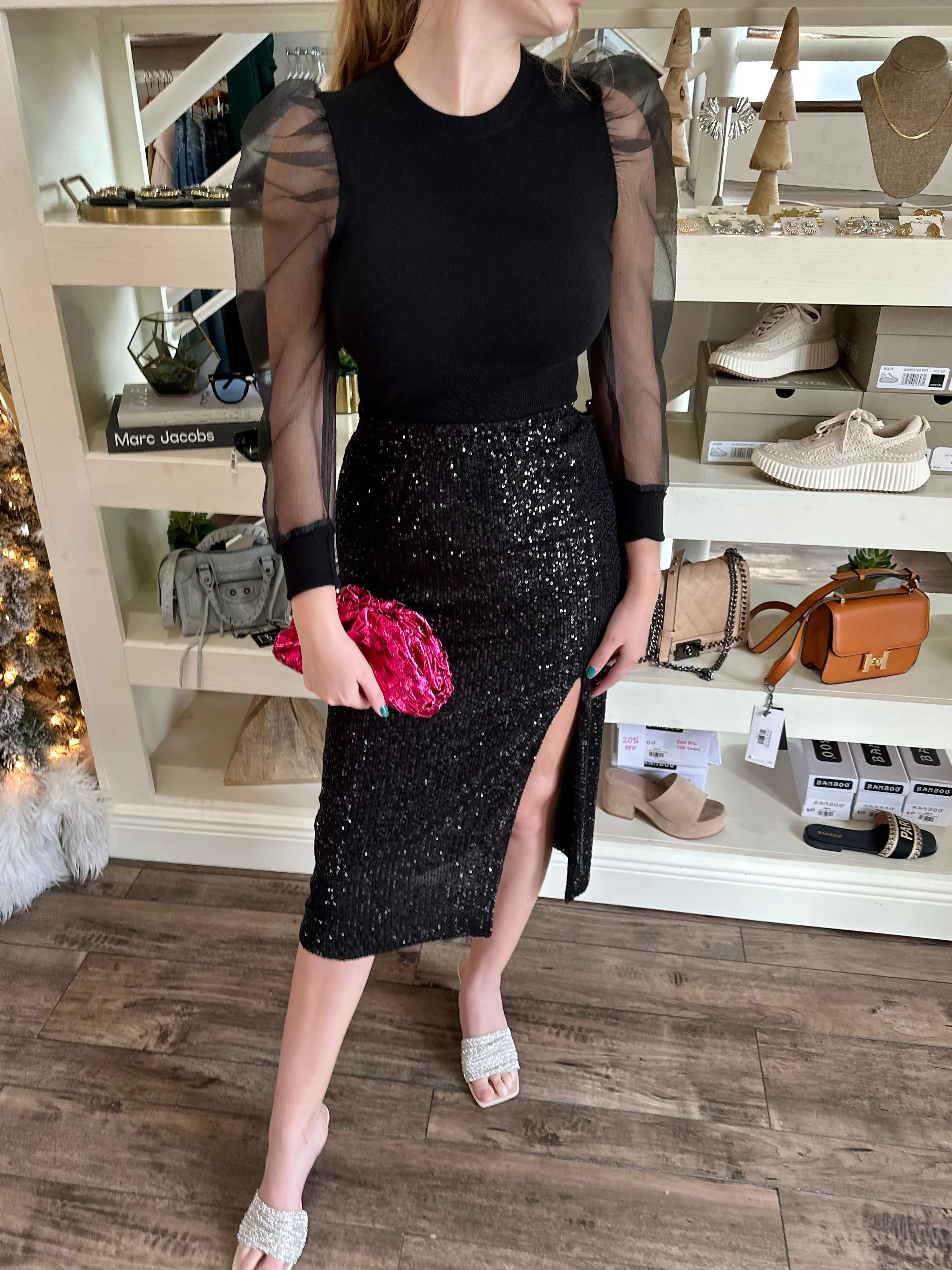 Black Sequin Midi Skirt