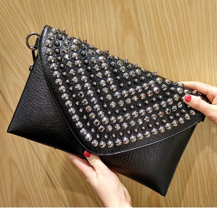 Black Spikes Studs Punk Rock Gothic Oversized Envelope Clutch Bag Purse