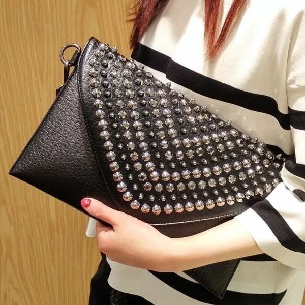 Black Spikes Studs Punk Rock Gothic Oversized Envelope Clutch Bag Purse