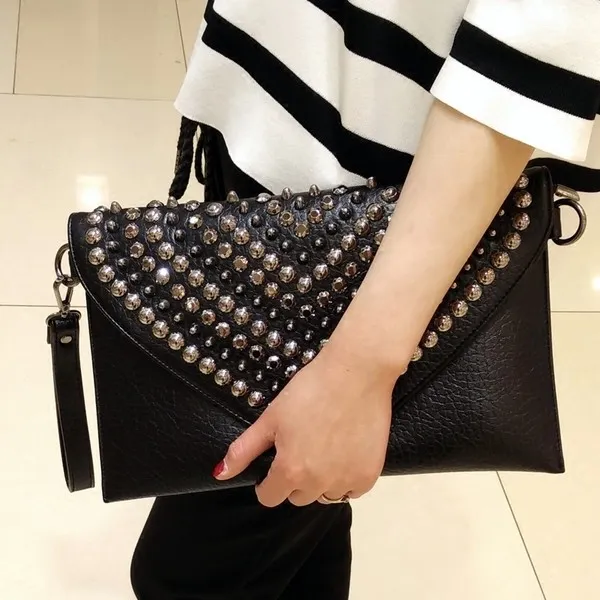 Black Spikes Studs Punk Rock Gothic Oversized Envelope Clutch Bag Purse