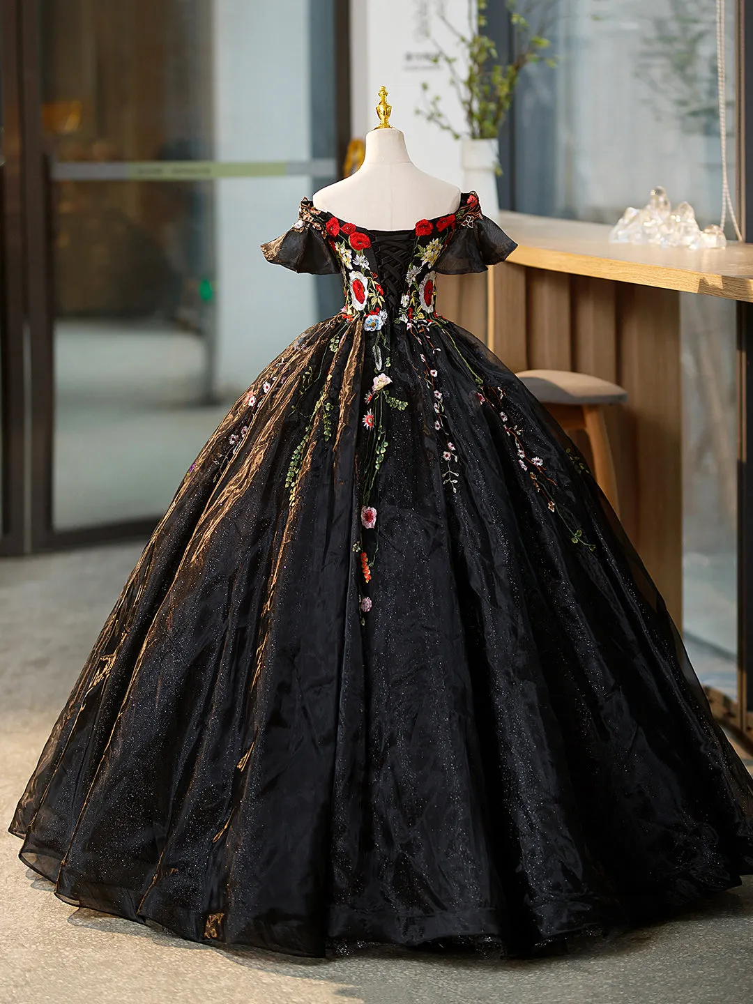 Black Tulle Long Prom Dress with Lace Flowers, Beautiful Off Shoulder Evening Gown