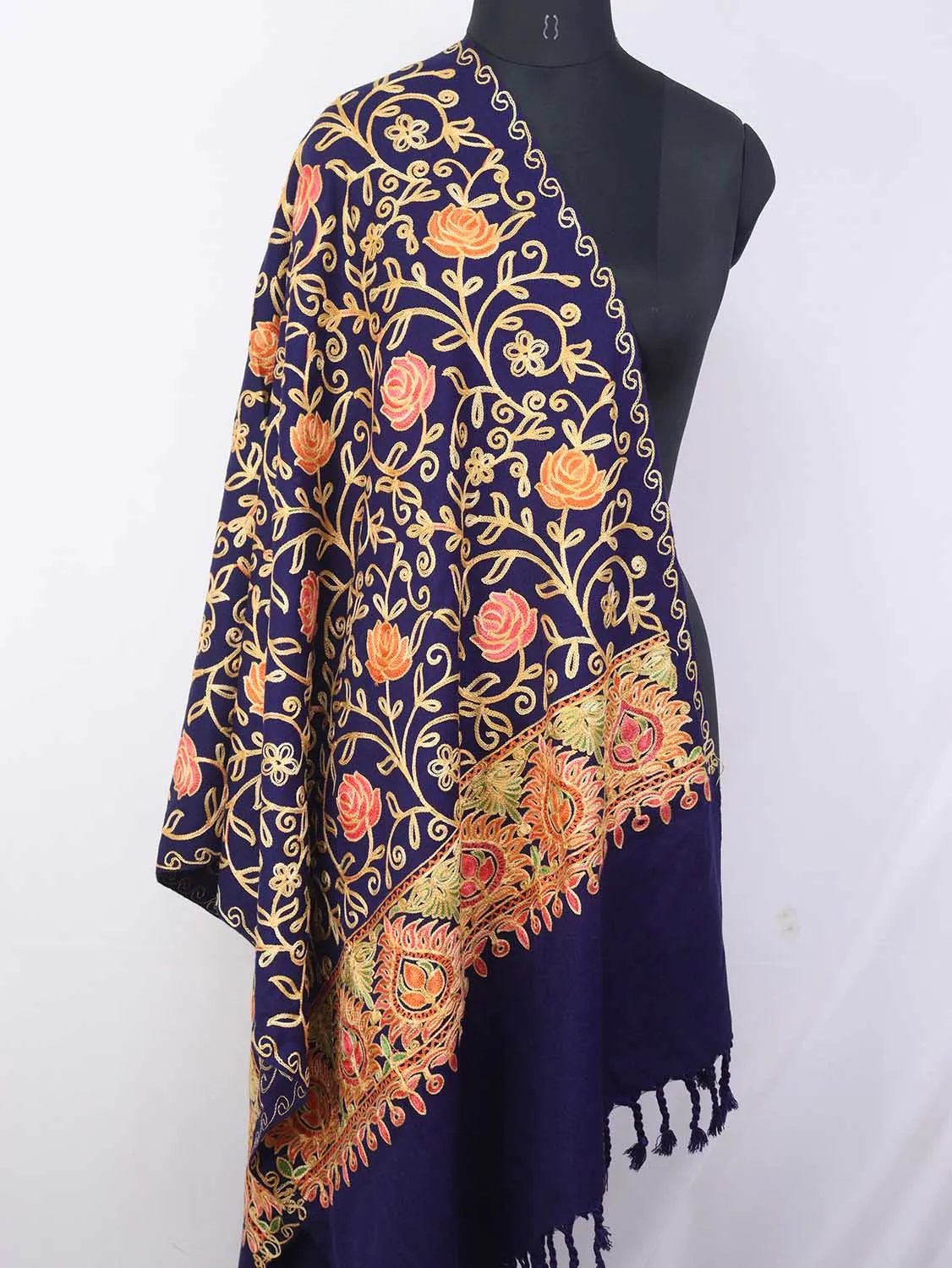 Blue Embroidered Kashmiri Aari Work Woollen Stole