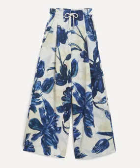 Blue Floral Drawstring Wide Leg Trousers