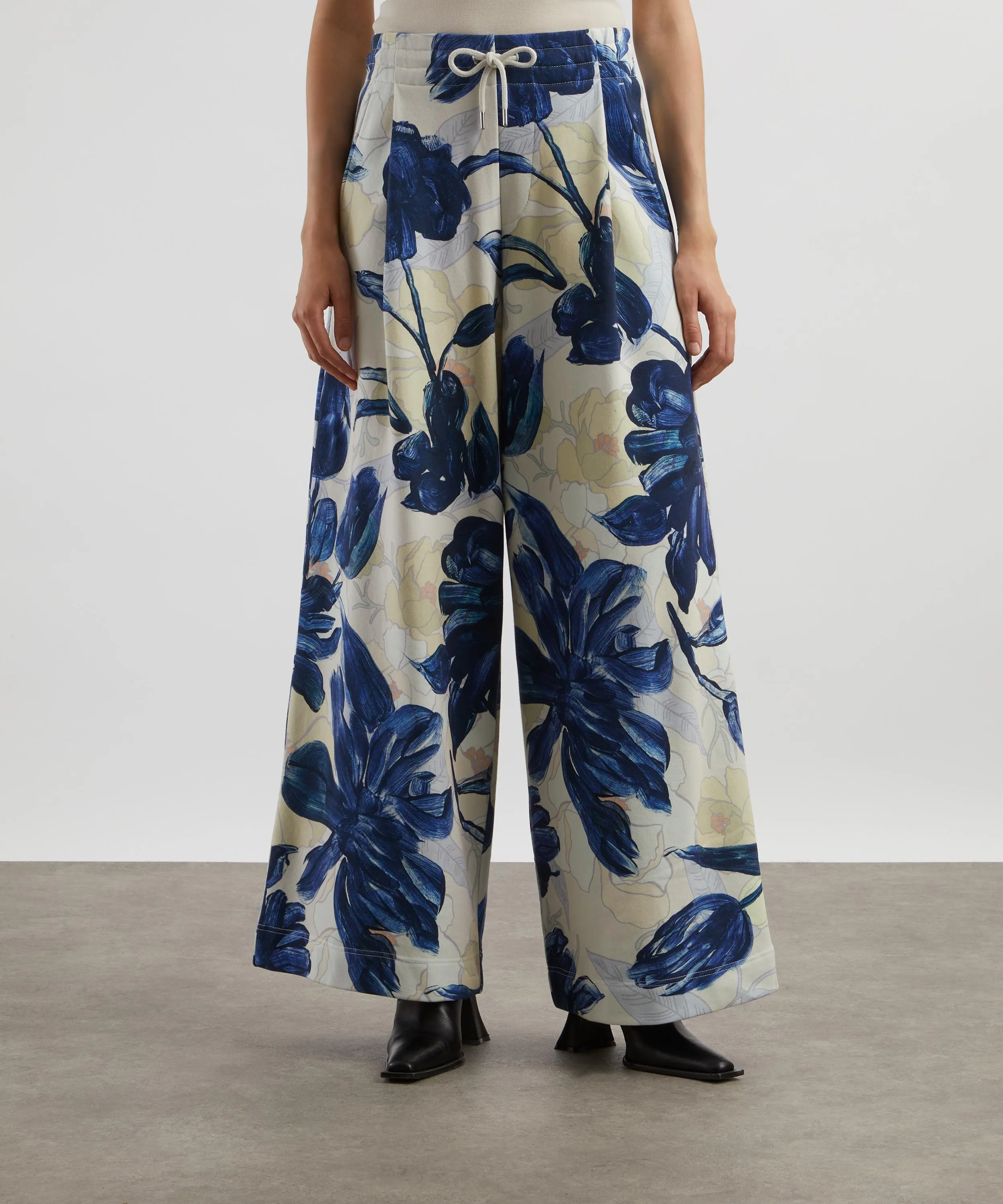 Blue Floral Drawstring Wide Leg Trousers