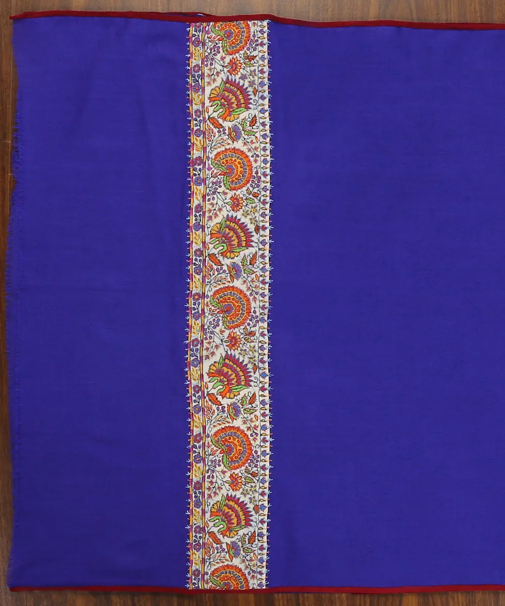 Blue Handwoven Pure Pashmina Stole With Hand Appliqued Kashidakari Border