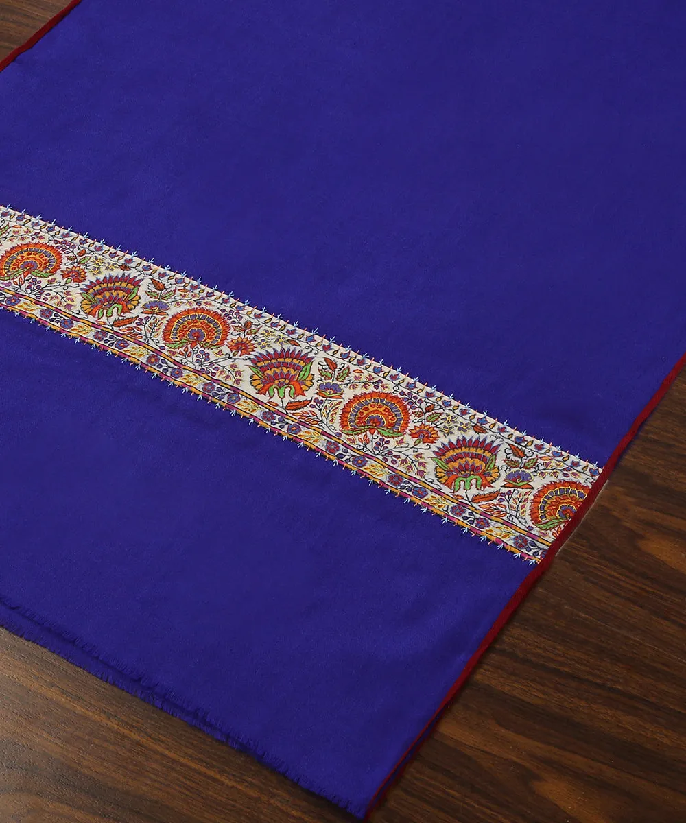 Blue Handwoven Pure Pashmina Stole With Hand Appliqued Kashidakari Border