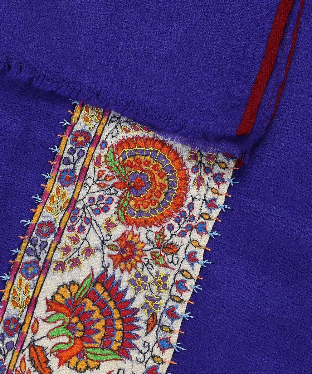 Blue Handwoven Pure Pashmina Stole With Hand Appliqued Kashidakari Border