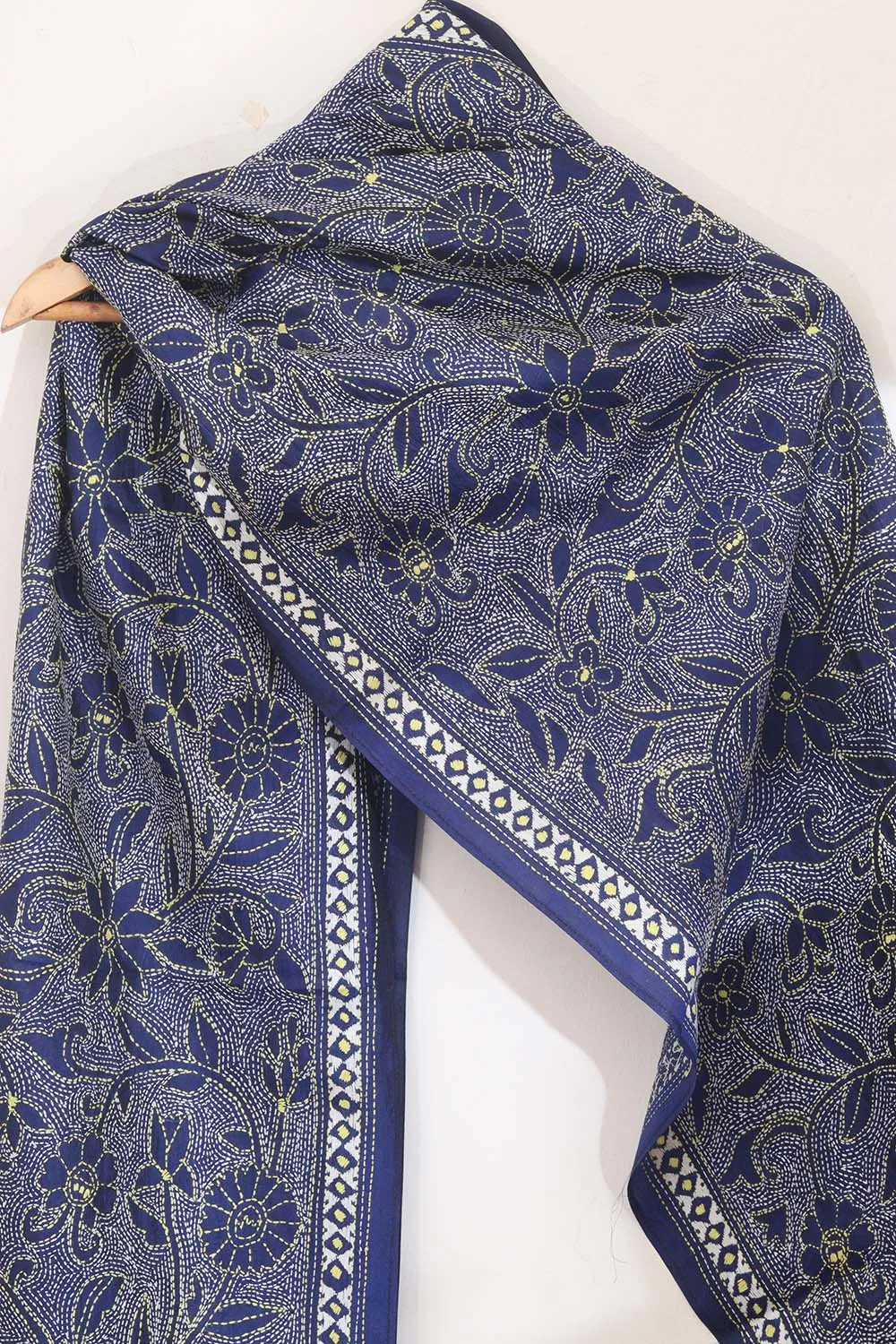 Blue Silk Stole with Hand Embroidered Kantha Design