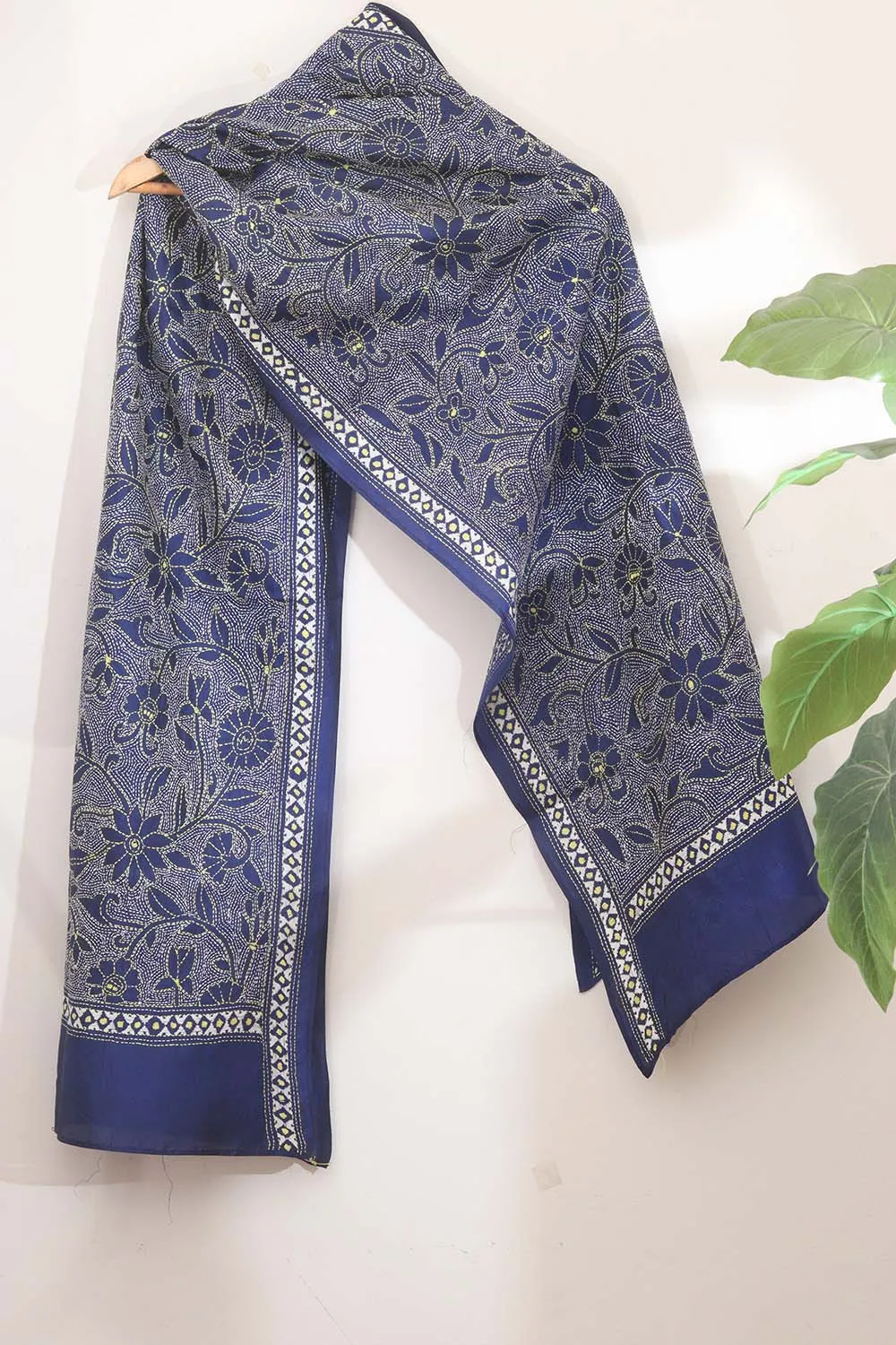 Blue Silk Stole with Hand Embroidered Kantha Design