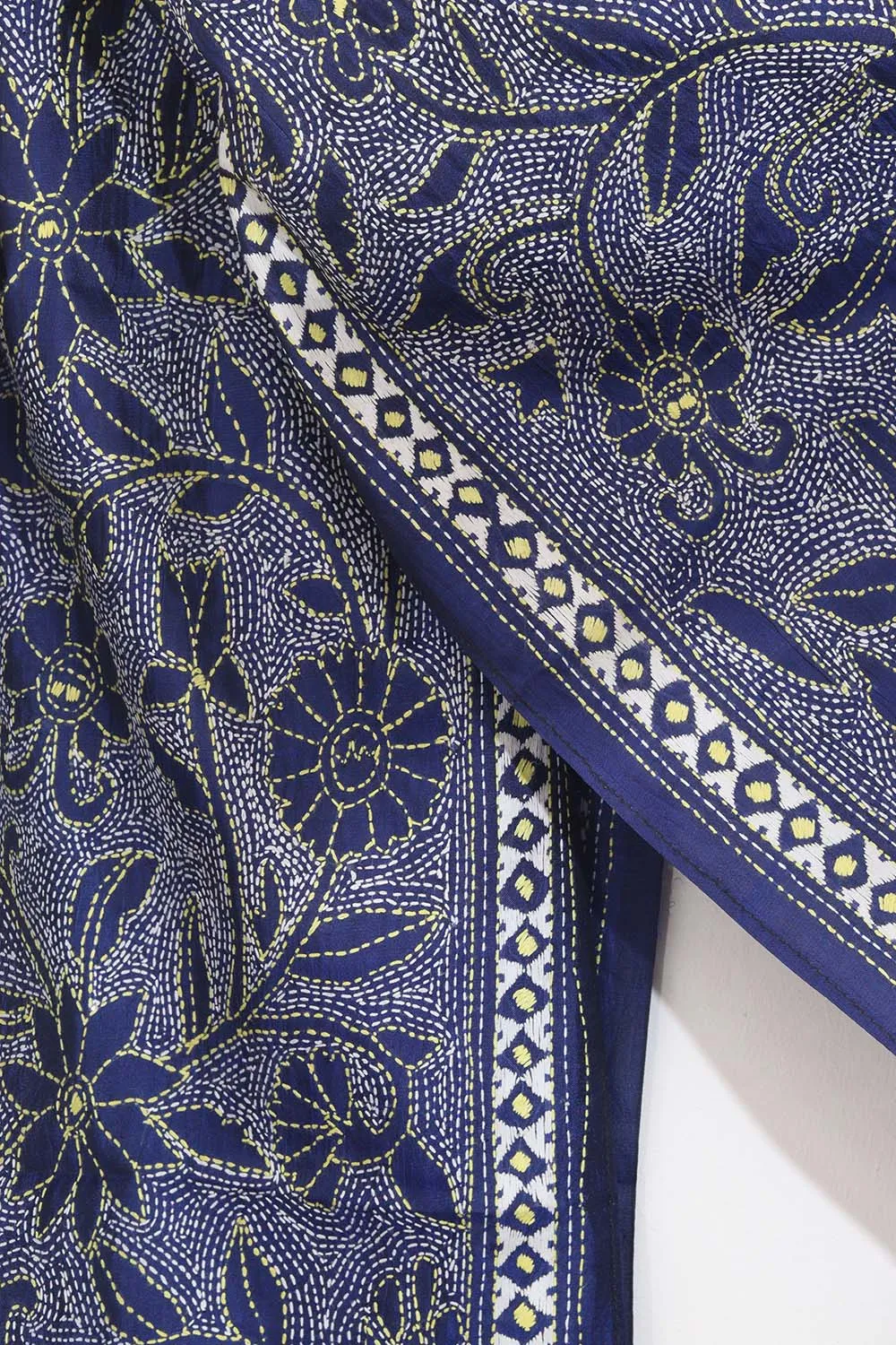 Blue Silk Stole with Hand Embroidered Kantha Design