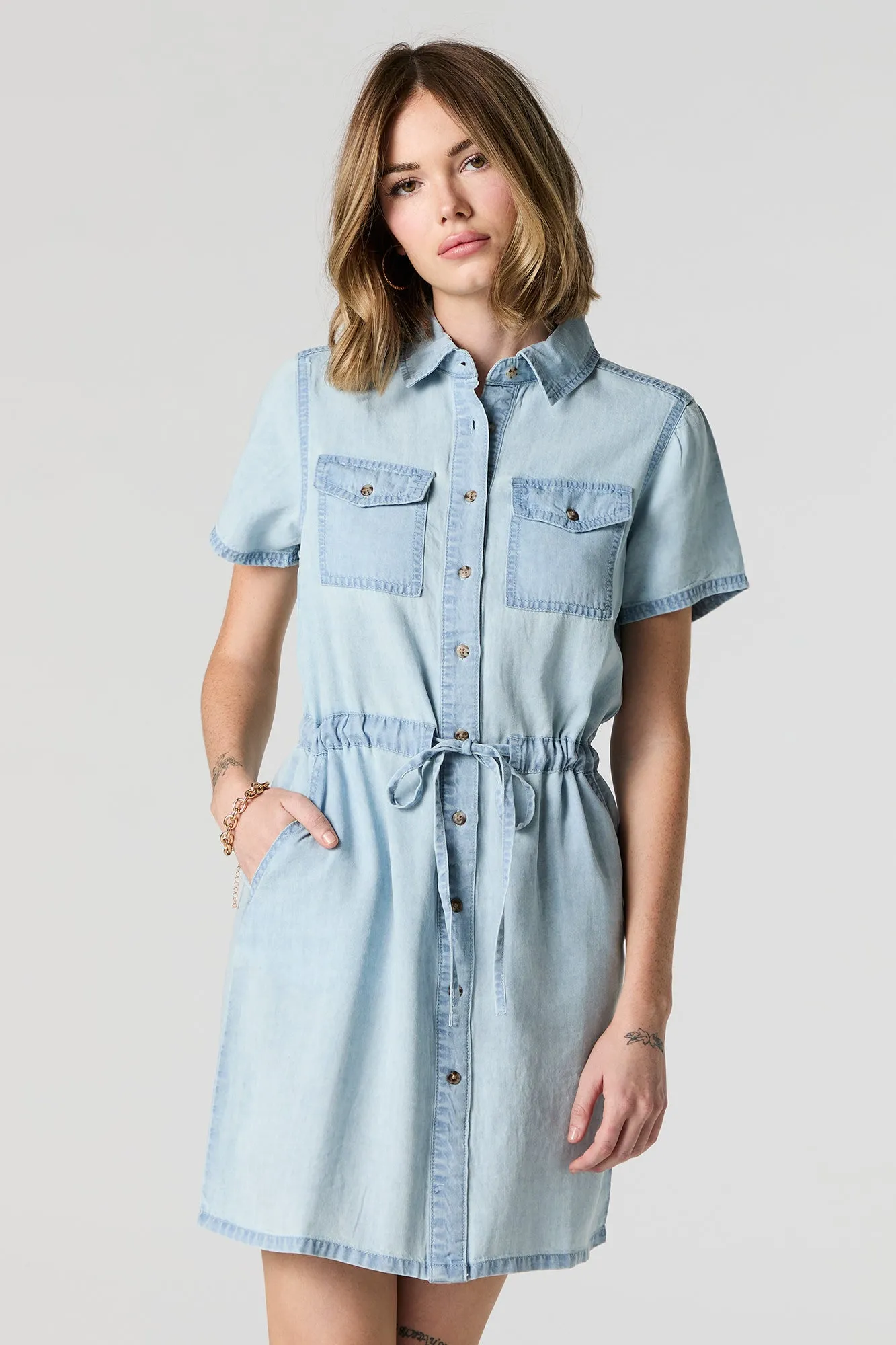 Button-Up Self Tie T-Shirt Dress