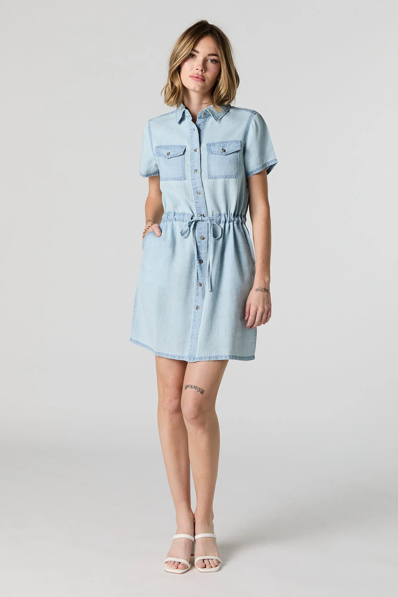 Button-Up Self Tie T-Shirt Dress