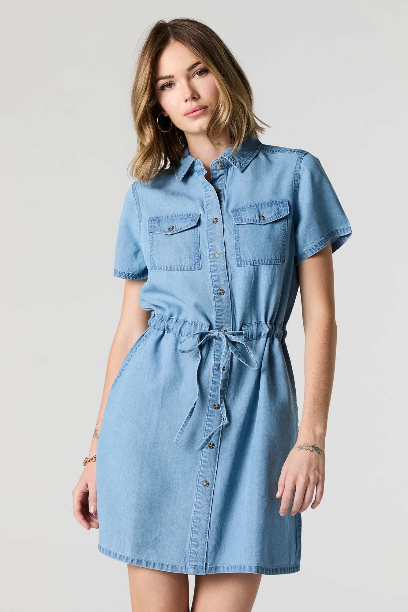 Button-Up Self Tie T-Shirt Dress