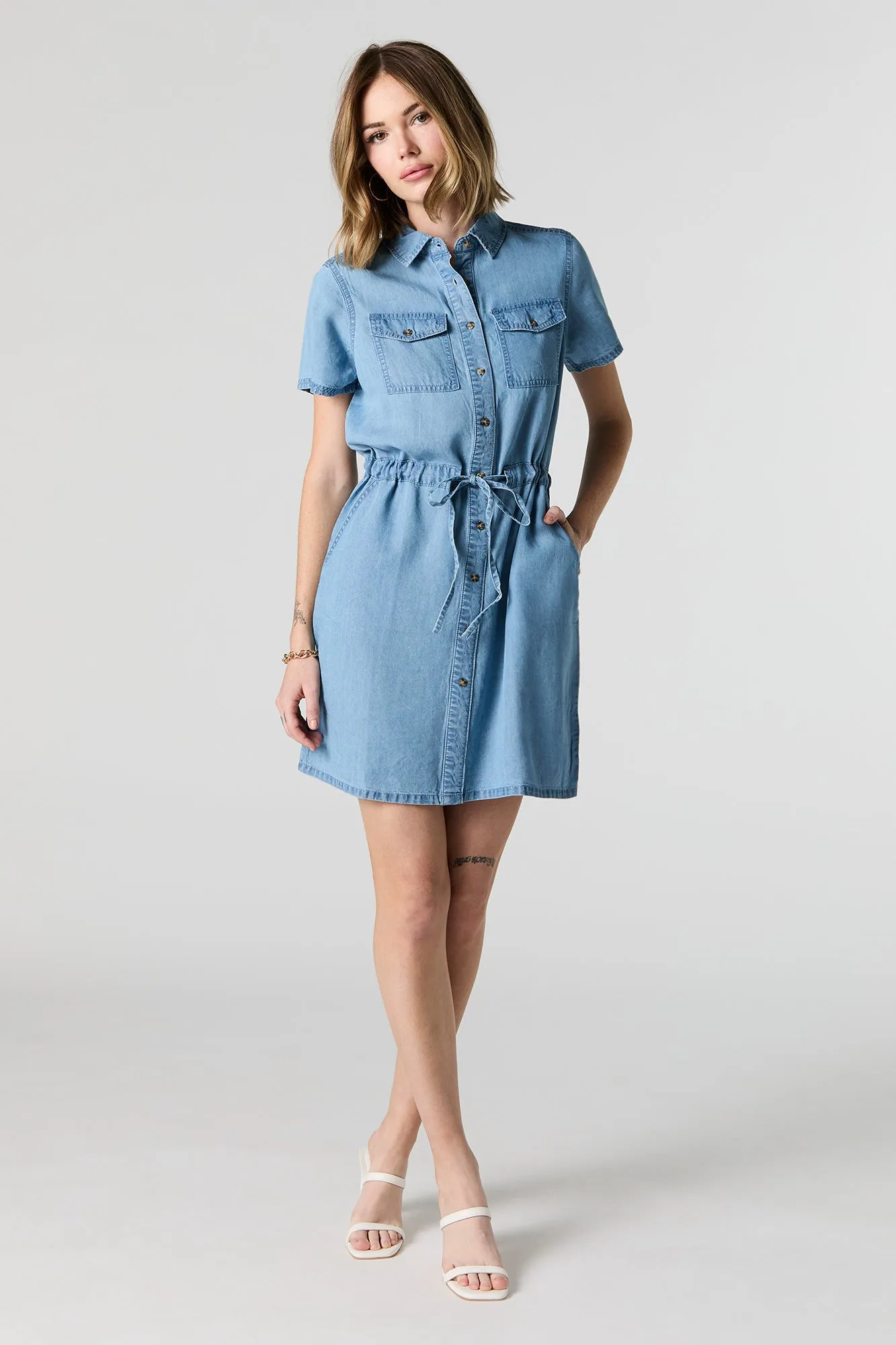 Button-Up Self Tie T-Shirt Dress