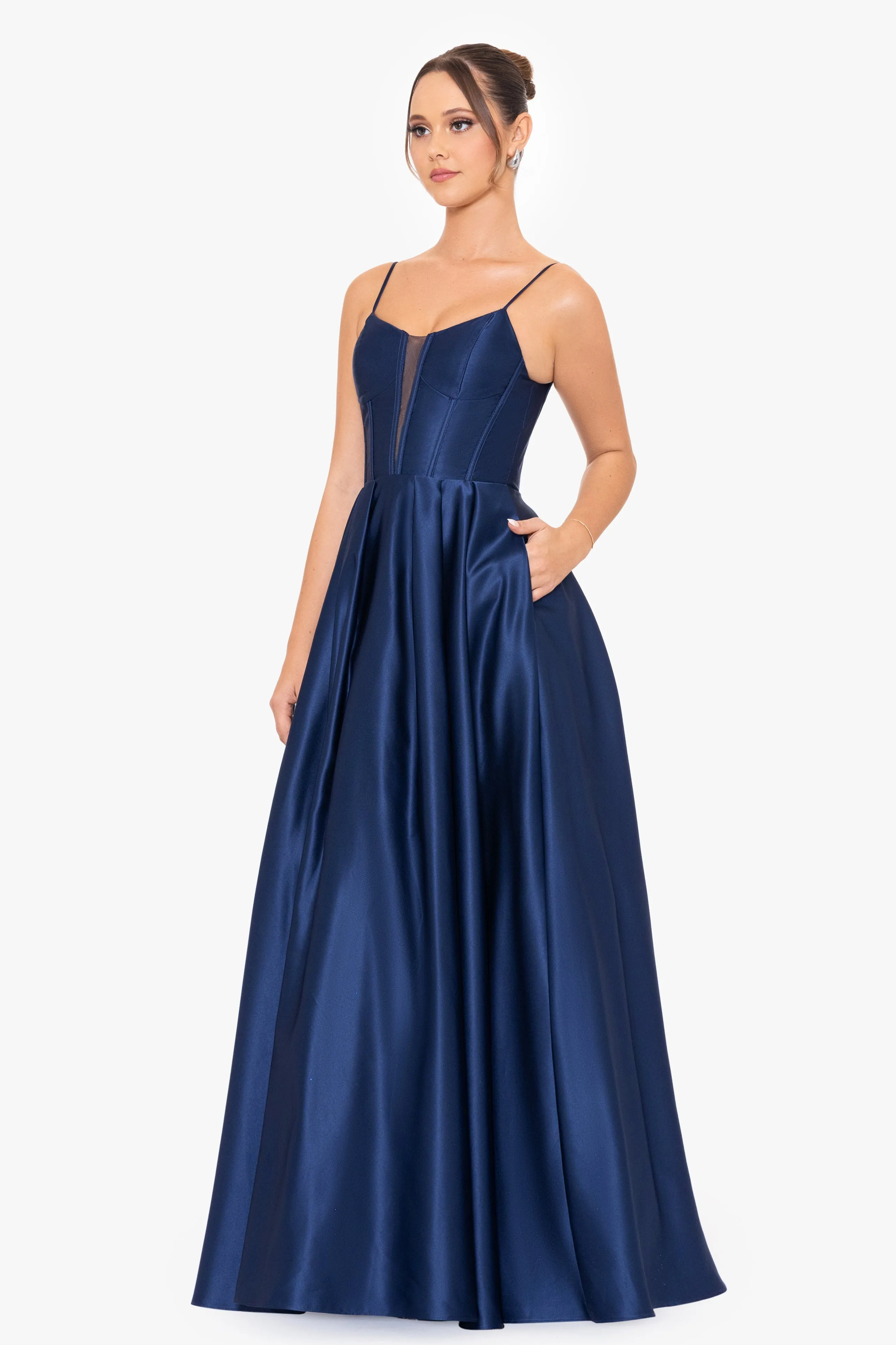 Carol Long Satin Mesh Insert Ballgown