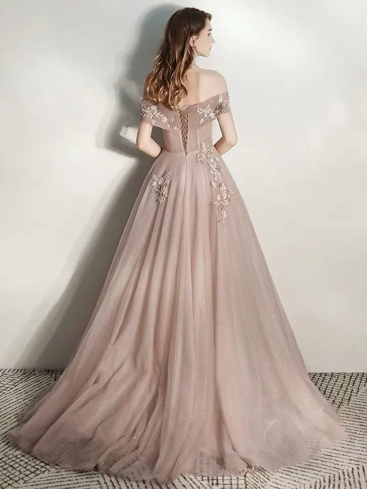 Champagne Off Shoulder Tulle with Lace Long Formal Dress, Tulle Evening Gown