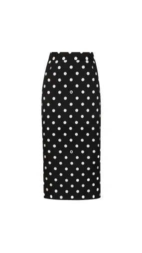 Charmeuse Calf-length Pencil Skirt With Polka-dot Print - Black\White