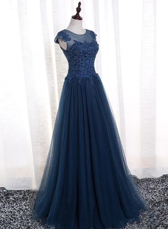 Charming Navy Blue Tulle Round Neckline Party Dress, Blue Evening Gown