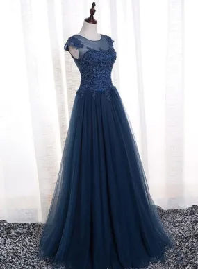 Charming Navy Blue Tulle Round Neckline Party Dress, Blue Evening Gown